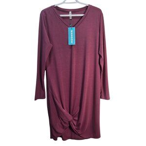 NWT | Burgundy Long Sleeve V-Neck T-Shirt Dress Tunic Tie Knot Hem | Large